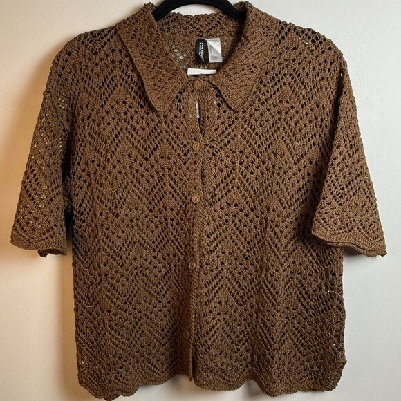 Brown Crochet Short Sleeve Button Front Cardigan (L) NWT - Picture 1 of 8